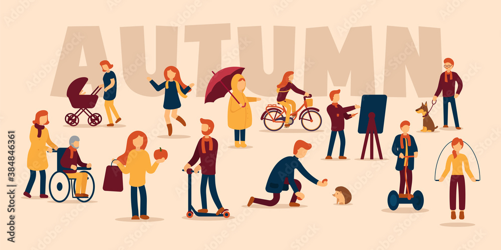Vector autumn concept on isolated background. Autumn sports, mood inspiration. A girl rides a bicycle, a man feeds a hedgehog, a girl plays and jumps through puddles, a boy draws a picture.