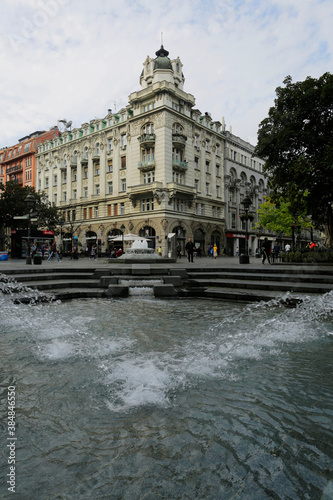 Water fountain is seen next to Knez Mihailova street, the main pedestrian shopping area in the city of Belgrade, Serbia.