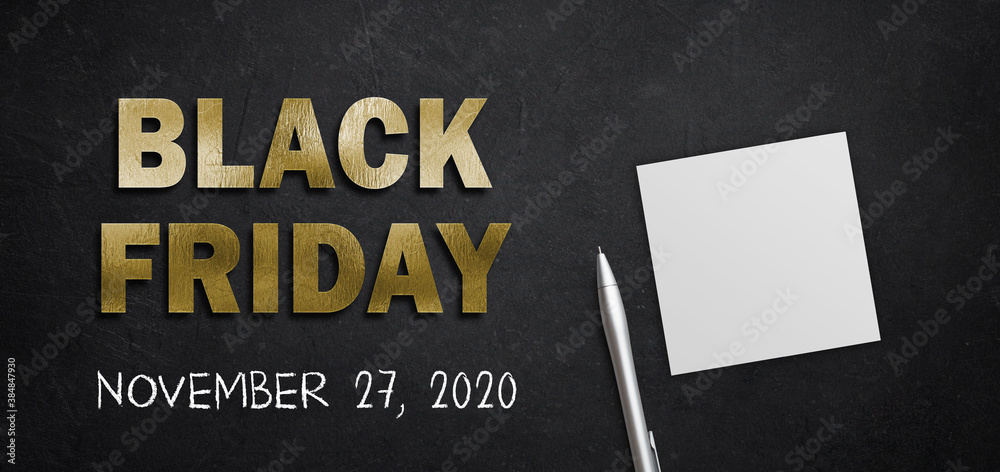 message BLACK FRIDAY and date NOVEMBER 27, 2020 in golden letters on black background - obrazy, fototapety, plakaty 