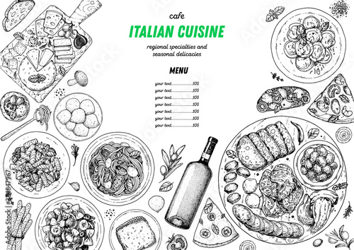 Italian Cuisine. Top view. Sketch illustration. Italian food. Design template. Hand drawn illustration. Black and white. Engraved style. Pasta and pizza, antipasto. Authentic dishes.