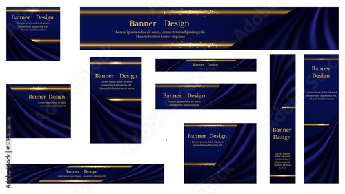 Set of web banner backgrounds, luxury blue silk and glowing golden borders. Smooth satin drapery curtains, shiny gold with sparkles. Vector illustration