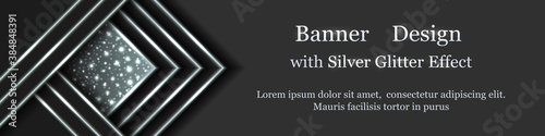 Silver Christmas banner design with light glowing effect, snowflakes and glitter sparks. Modern geometric style, silver shine snow and lines on black background. Vector illustration
