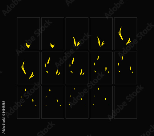 Fire sparks animation. Flame effect sprites sheet for games, video, animation. Colorful cartoon sparks animation. 