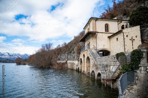 Iview of the lake from the entrance of the Santa Maria del Lago churchm Scanno lake, Italy