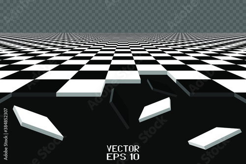 Abstract Black and White Geometric Pattern with Squares and Stripes. Empty Chess Board in Perspective. Crumbling Structure. Vector. 3D Illustration