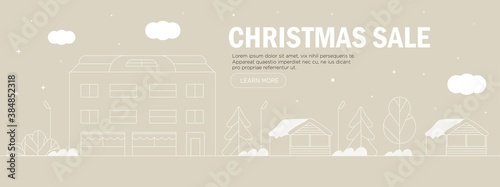 Beautiful urban landscape or cityscape with christmas market or fair stalls and spruce or fir trees covered with snow. City street on winter holidays landscape, scene, background or panorama view.