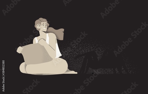 Woman is afraid of spider. Concept of irrational fear of spiders, nightmares, darkness, horror, phobias, psychological therapy treatment of women fears and panic attack. People with arachnophobia.