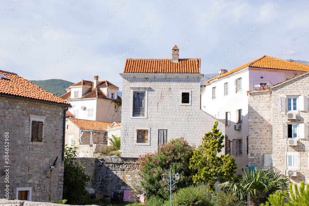 Old city. White stone houses on a sunny day. Montenegro, Budva