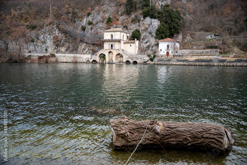 Iview of the lake from the entrance of the Santa Maria del Lago churchm Scanno lake, Italy photo