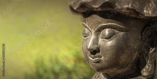 Buddha Face in Sunlight with Blurred Green Background