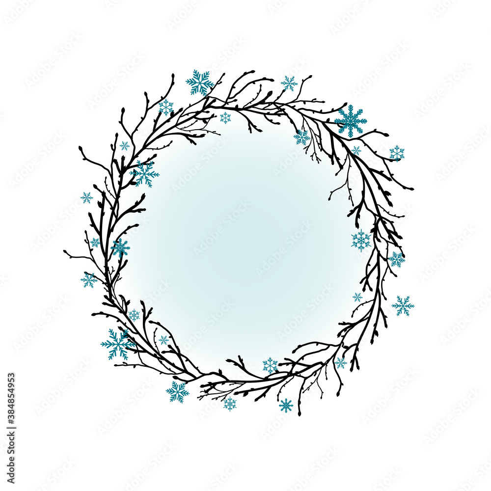Wreath from black branches and twigs with blue snowflakes. Garland good for new year greeting cards.