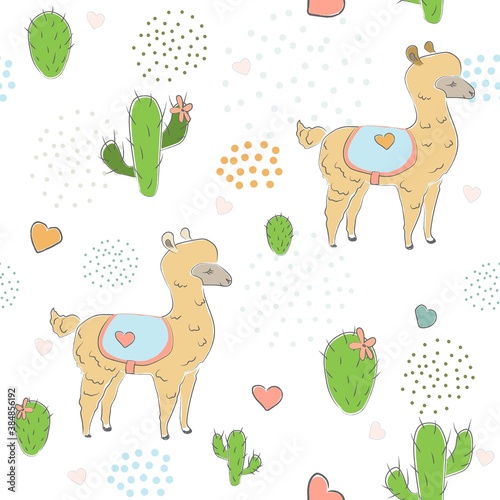 Fototapeta Naklejka Na Ścianę i Meble -  Seamless Alpaca Pattern with cacti