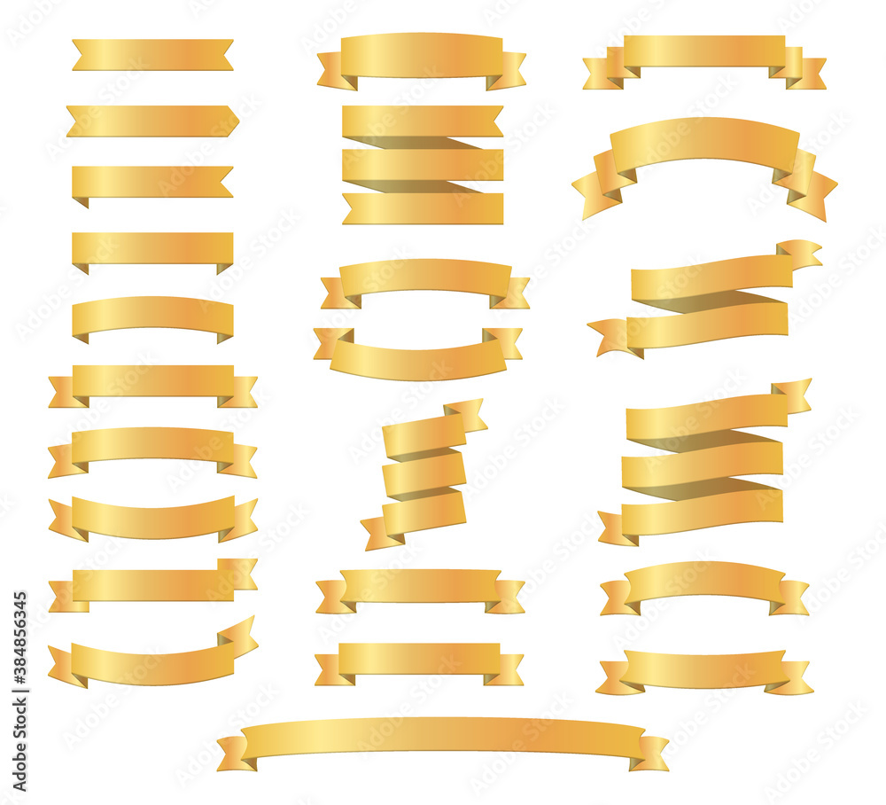 Set of gold ribbons for design, discount offer and gift. Retro or modern style. Flat ribbon illustration isolated on white background.