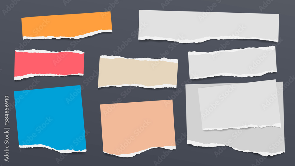 Set of torn of white, gray and colorful note, notebook paper strips and pieces stuck on black and gray backgrounds. Vector illustration