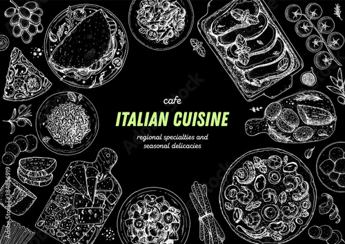 Italian Cuisine. Top view. Sketch illustration. Italian food. Design template. Hand drawn illustration. Black and white. Engraved style. Pasta and pizza, antipasto. Authentic dishes.