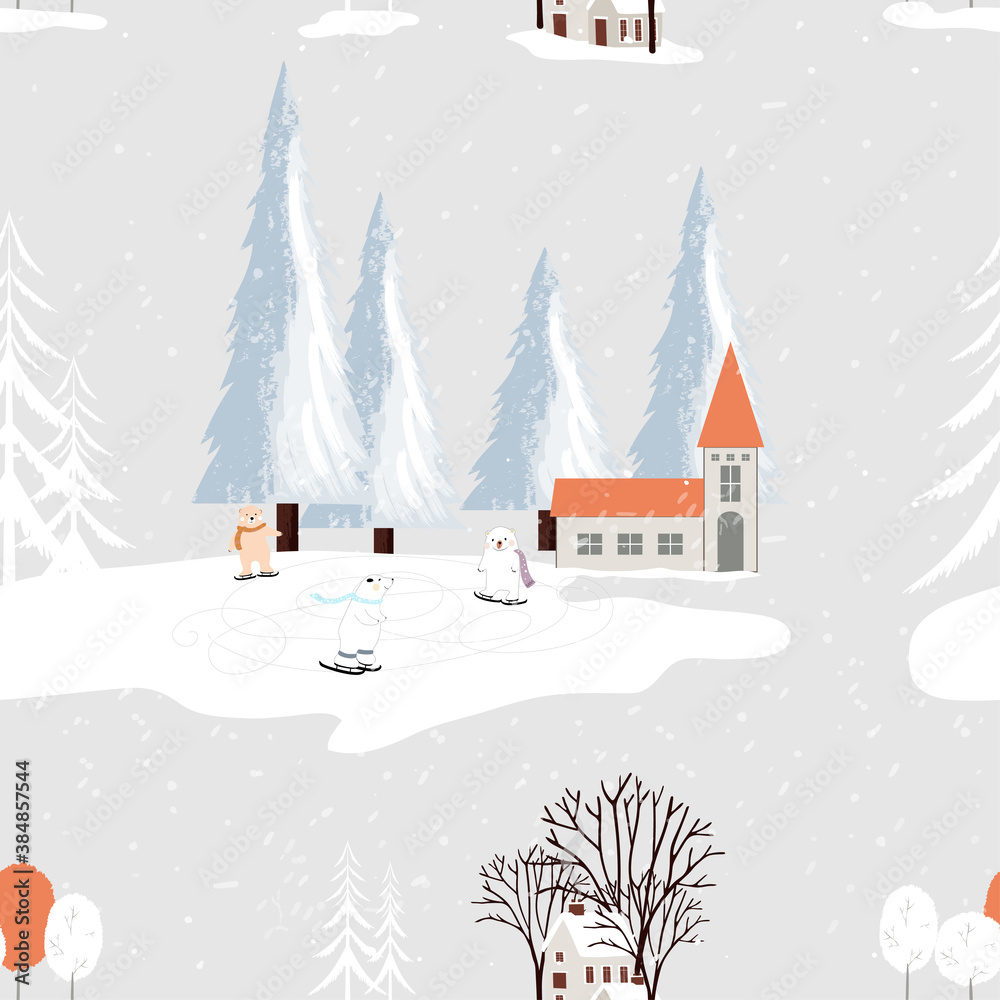 Seamless small village in Christmas Eve with polar bear playing ice skate in park,Endless pattern winter landscape at downtown with snow falling,Vector pattern for New year, Merry Christmas background