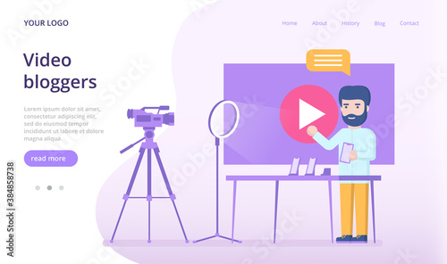 Video blogger takes an overview of phones. Landing page template. Vector illustration.