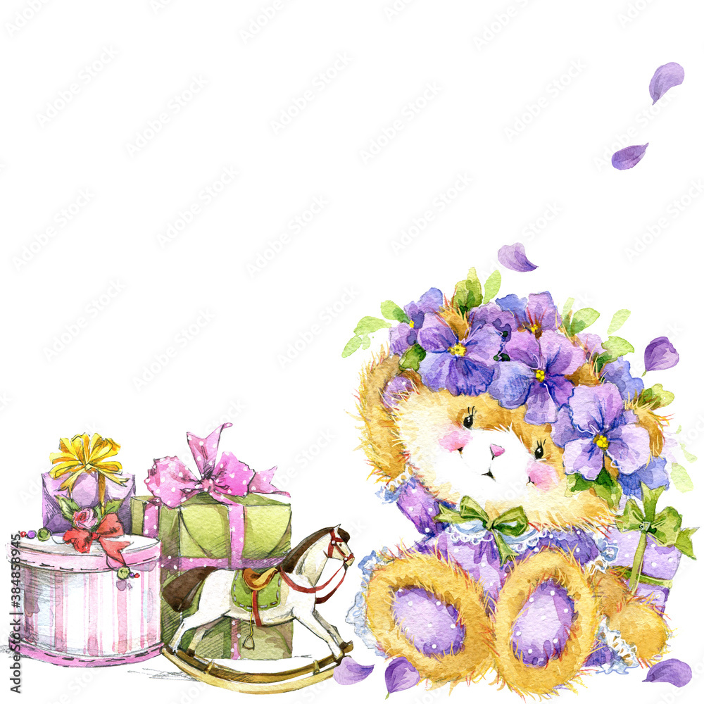 Fototapeta premium cute teddy bear for kid birthday background . watercolor illustration