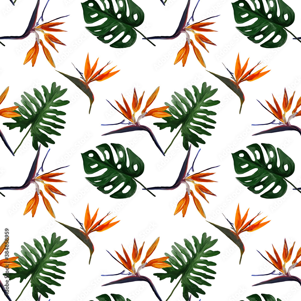 Seamless tropical pattern with  strelitzia with leaves on white background. Seamless pattern with colorful leaves of colocasia, filodendron, monstera. Exotic wallpaper. Hawaiian style.