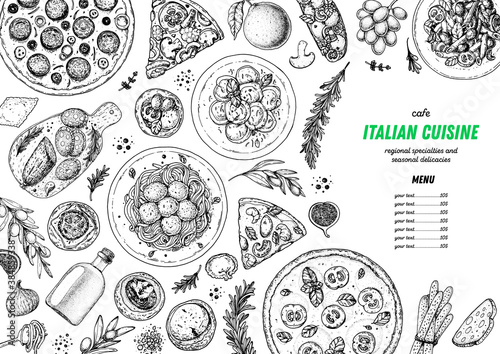 Italian Food. Top view. Sketch illustration. Italian cuisine. Design template. Hand drawn illustration. Black and white. Engraved style. Authentic dishes.
