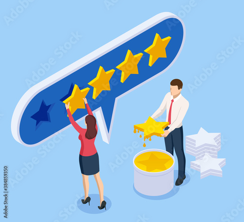 Isometric customer review or feedback concept. Online survey of customer satisfaction, election voting, product development research. Rating on customer service and user experience.