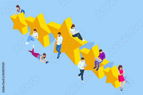 Isometric customer review or feedback concept. Online survey of customer satisfaction, election voting, product development research. Rating on customer service and user experience.