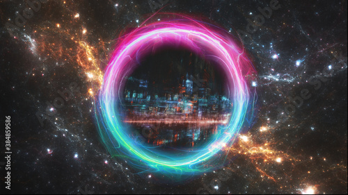 Fotografie Fantasy stars background with neon worm hole leading to scifi city