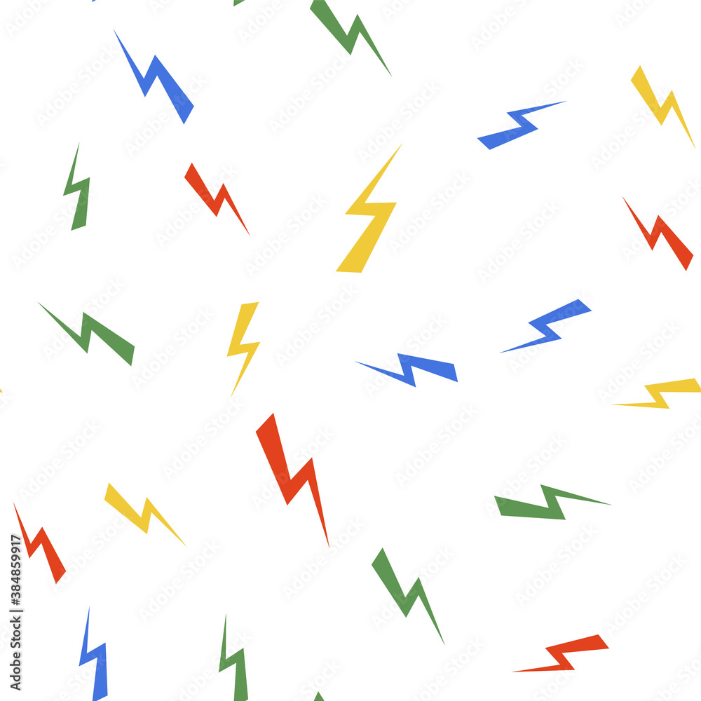 Color Lightning bolt icon isolated seamless pattern on white background. Flash icon. Charge flash icon. Thunder bolt. Lighting strike. Vector. Color Lightning bolt icon isolated seamless pattern on white background. Flash icon. Charge flash icon. Thunder bolt. Lighting strike. Vector.