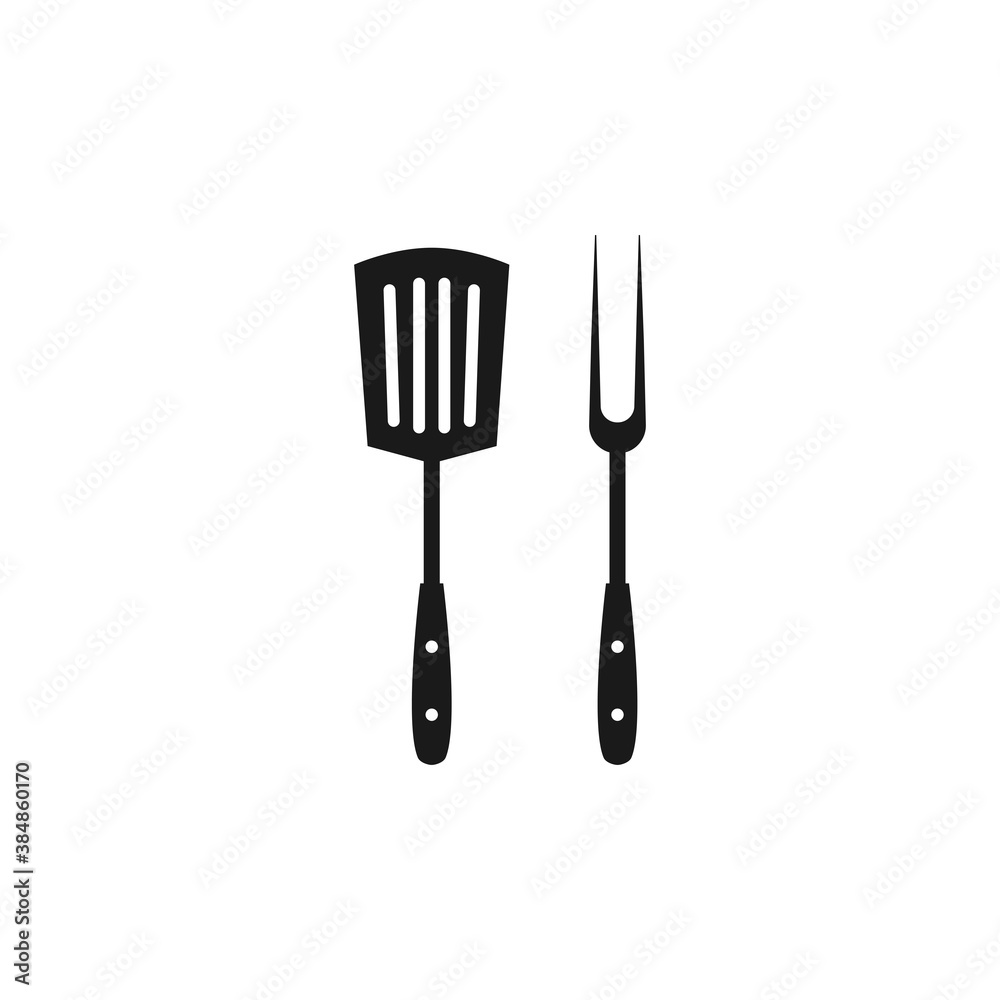 Black spatula and fork icon. BBQ and grill tools. Barbeque cutlery.
