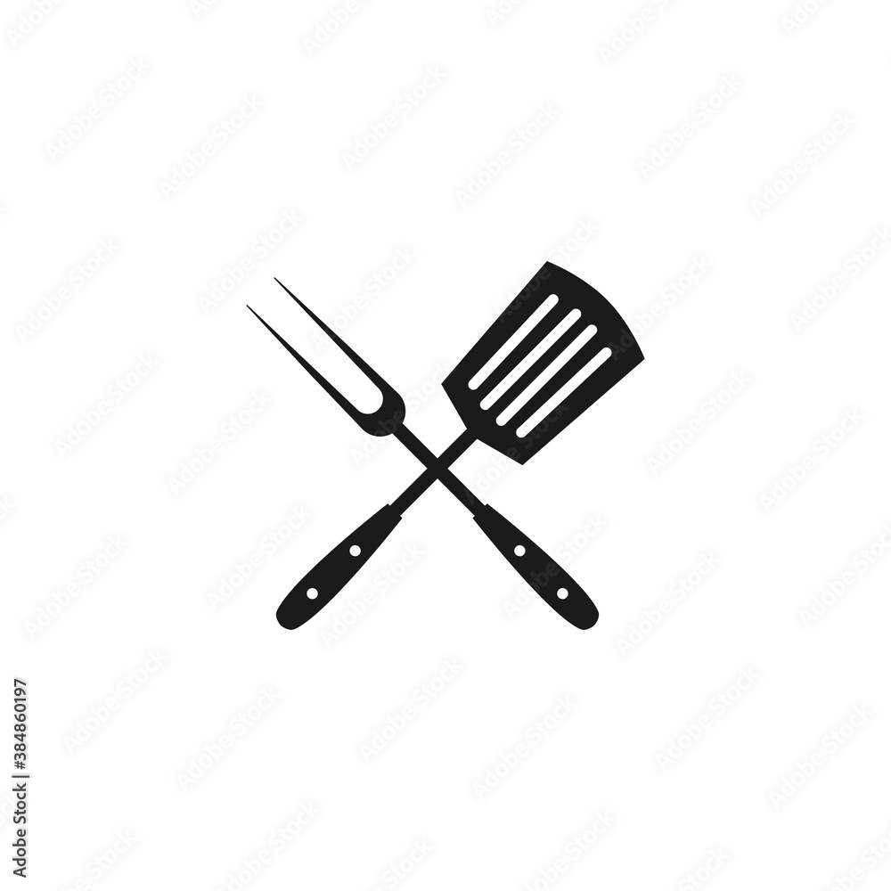 Black spatula and fork icon. BBQ and grill tools. Barbeque cutlery. Black spatula and fork icon. BBQ and grill tools. Barbeque cutlery.