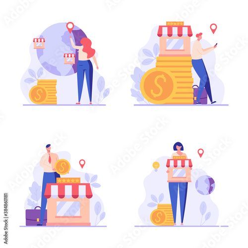 People standing and buying a franchise. Buying a finished business. Set or collection of business industry, franchising, bizopp, distribution. Vector illustration in flat design.