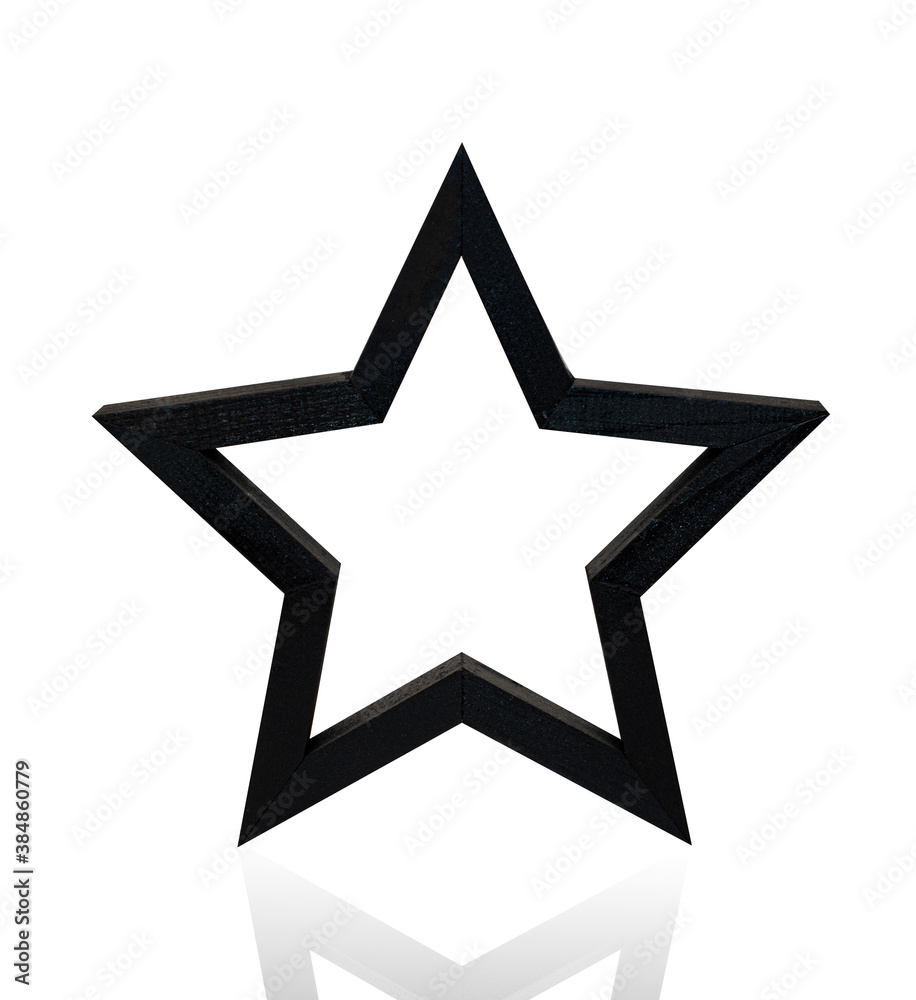 Christmas toy black wooden star isolated on white background with reflection