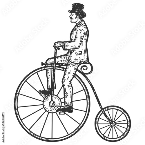Vintage man on a high bike, penny farthing. Sketch scratch board imitation coloring. photo