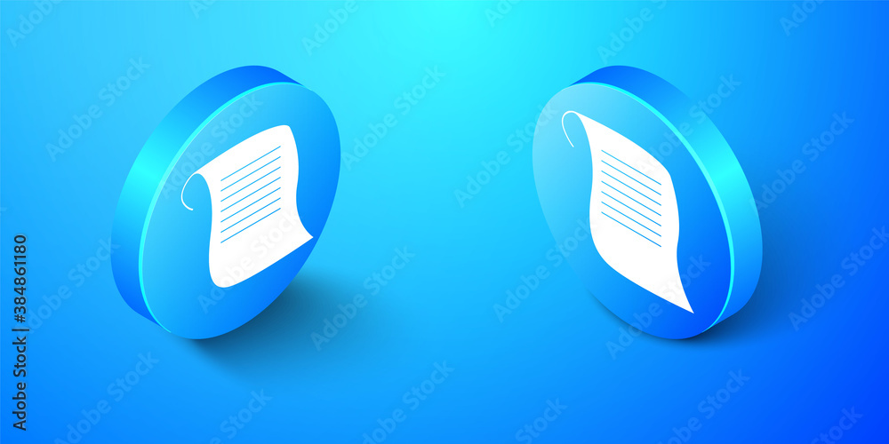 Isometric Paper scroll icon isolated on blue background. Canvas scroll sign. Blue circle button. Vector.