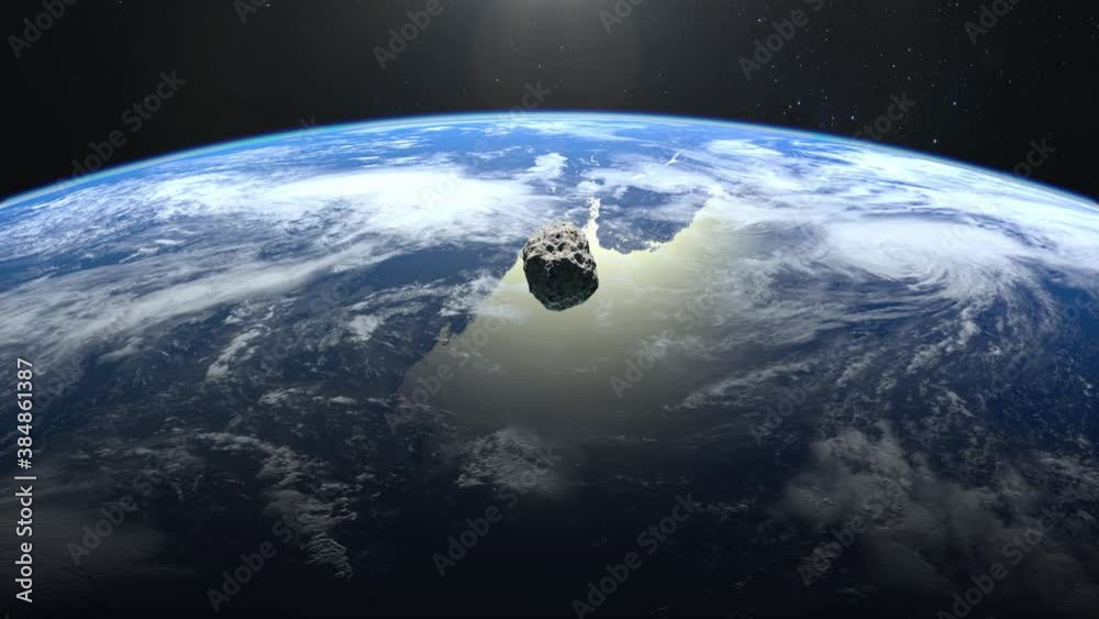 The asteroid falls to Earth. An asteroid appears in the frame, rotates and quickly flies towards Earth. Starry sky. 4K. Stars twinkle. 3d rendering.