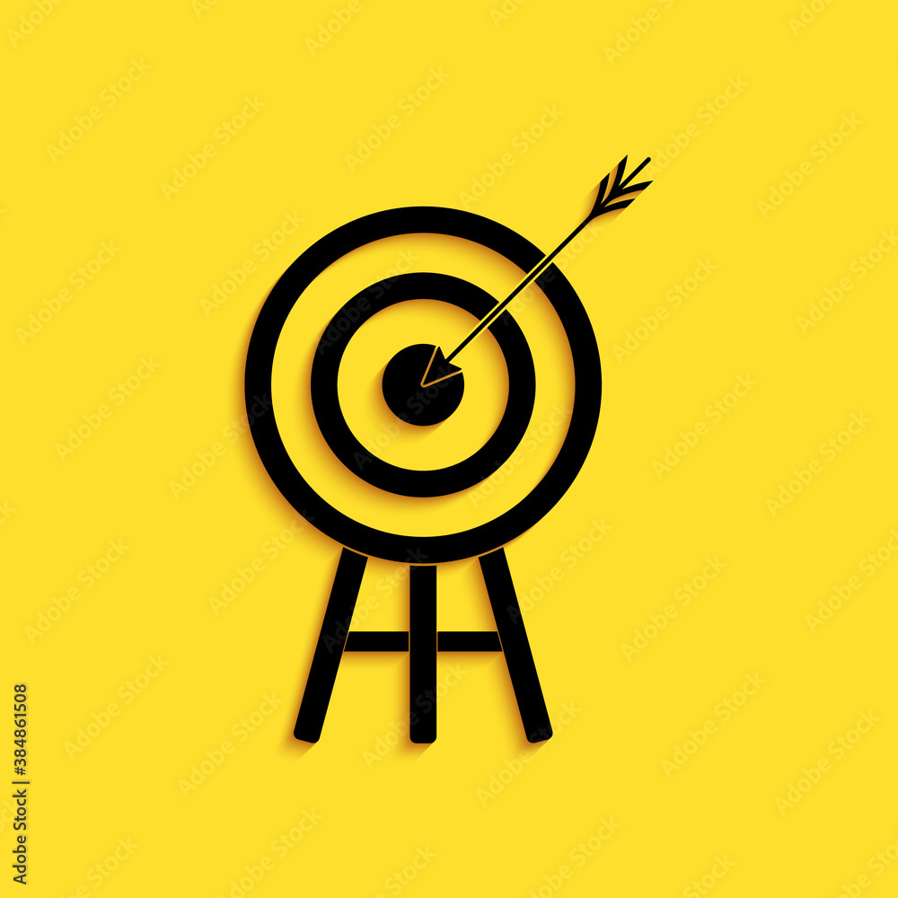 Black Target with arrow icon isolated on yellow background. Dart board sign. Archery board icon. Dartboard sign. Business goal concept. Long shadow style. Vector.