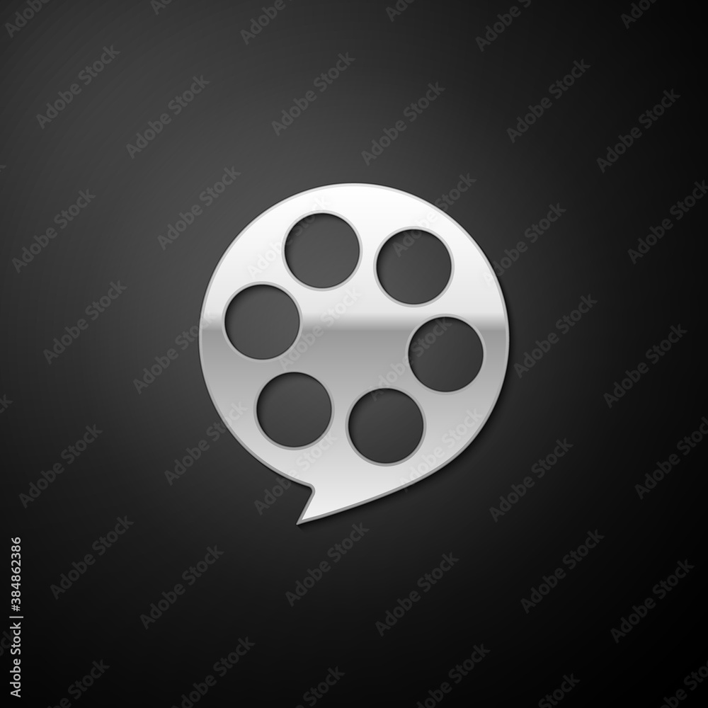 Silver Film reel icon isolated on black background. Long shadow style. Vector.