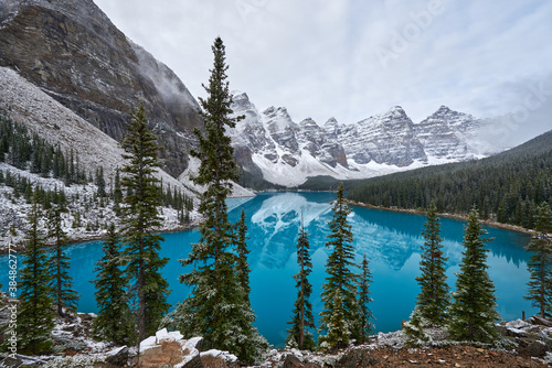 Wenkchemna Peaks Or Ten Peaks Rising Over Moraine Lake In The Snow, Near Lake Louise, Banff National Park, Alberta, Canada, North America