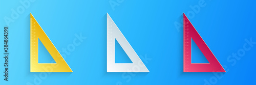 Paper cut Triangular ruler icon isolated on blue background. Straightedge symbol. Geometric symbol. Paper art style. Vector.