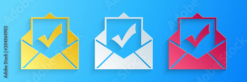 Paper cut Envelope with document and check mark icon isolated on blue background. Successful email delivery confirmation, successful verification concept. Paper art style. Vector.