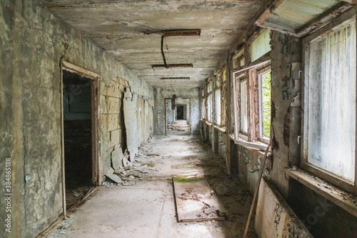 Scary corridor in an abandoned school in Pripyat