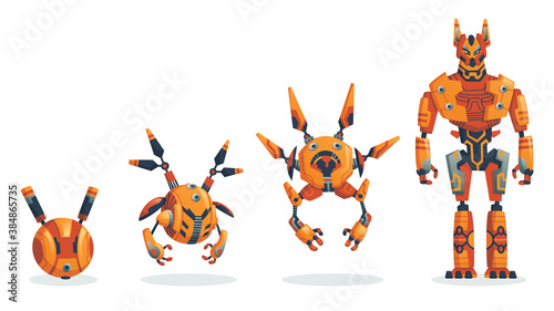 Robots. Evolution of robots concept. Vector isometric robots from simple single-task machine to modern service robotics. Artificial intelligence, alien machine