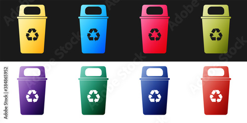 Set Recycle bin with recycle symbol icon isolated on black and white background. Trash can icon. Garbage bin sign. Recycle basket sign. Vector.