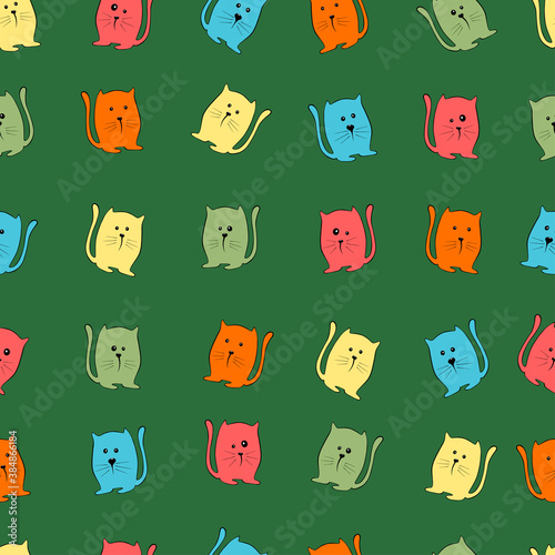 Multicolored cartoon cats on a green background. Seamless pattern