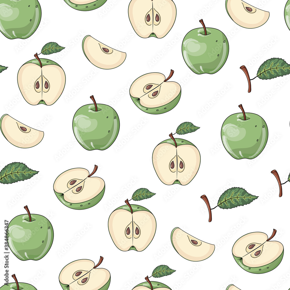 Hand drawn seamless pattern with whole, half and cut fresh green apple fruits. Cute vector graphic texture for package, label, wrapping paper, card, gift, fabric, print, banner, wallpaper, textile. Hand drawn seamless pattern with whole, half and cut fresh green apple fruits. Cute vector graphic texture for package, label, wrapping paper, card, gift, fabric, print, banner, wallpaper, textile.