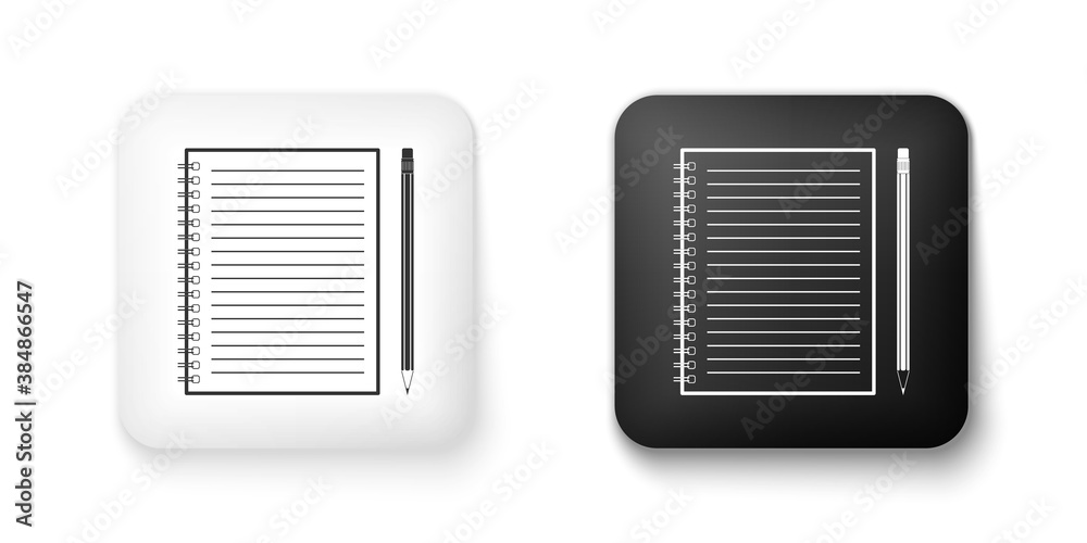 Black and white Blank notebook and pencil with eraser icon isolated on white background. Square button. Vector. Black and white Blank notebook and pencil with eraser icon isolated on white background. Square button. Vector.
