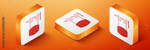 Isometric Street signboard on forged brackets with barrel shaped wooden icon isolated on orange background. Suitable for bar, cafe, pub, restaurant. Orange square button. Vector.