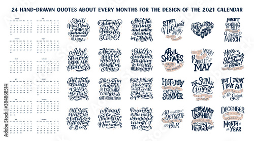 Modern typography lettering compositions for 2021 year calendar with funny motivation quotes. Hand drawn illustrations. Trendy season slogans, vector graphic