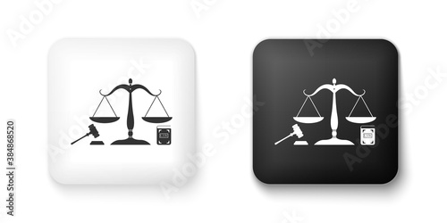 Black and white Scales of justice, gavel and book icon isolated on white background. Symbol of law and justice. Concept law. Legal law and auction symbol. Square button. Vector.