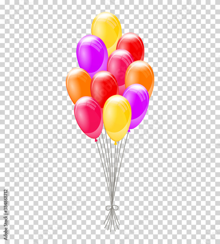 Helium balloons. Bunch or group of colorful helium balloons isolated on transparent background. Party realistic flying balloon set. Vector cololor design element photo